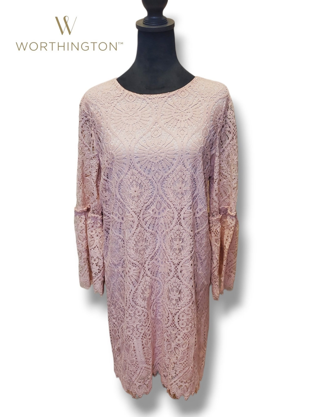 Worthington NWT Pink Rose Smoke Lace Bell Sleeve Shift Dress Size Large 1430-C
